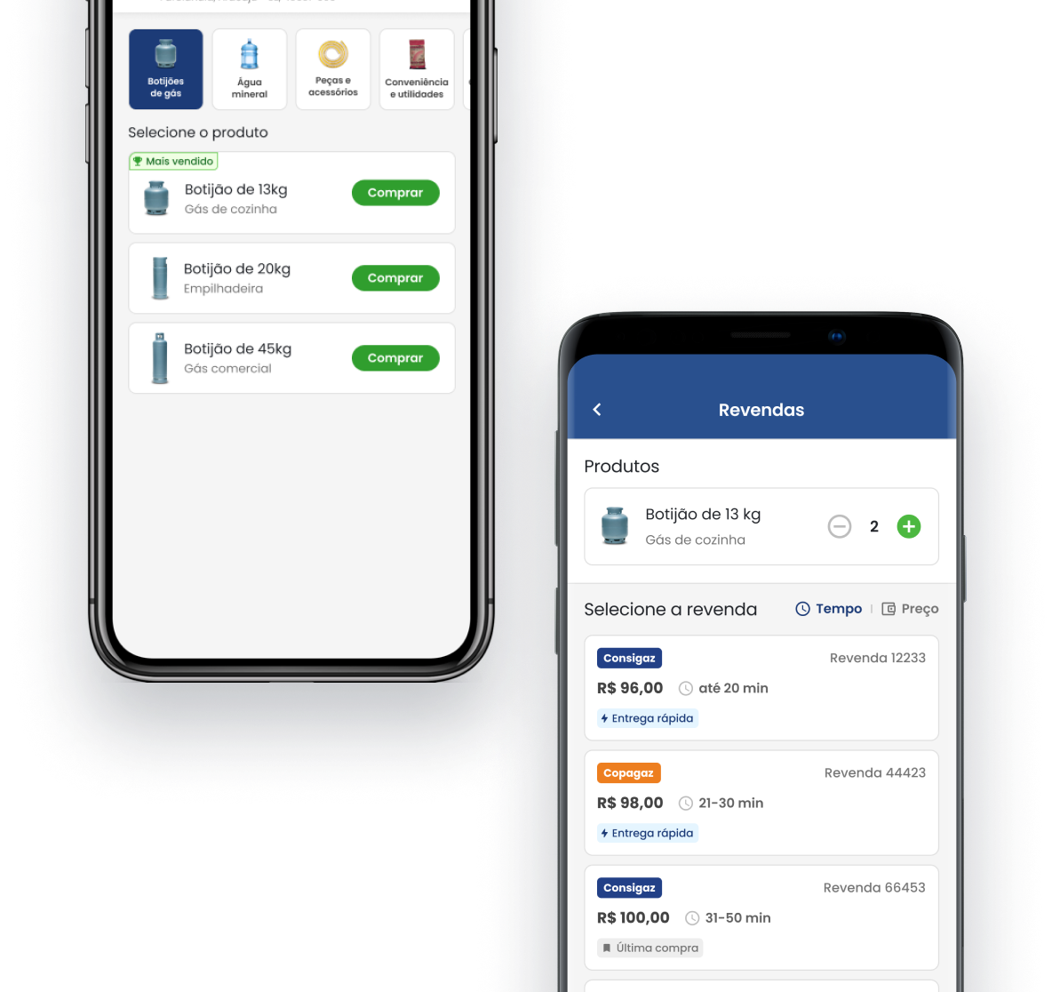 Celulares exibindo opções de botijões de gás: botijão de 13 kg, botijão de 20 kg e botijão de 45 kg. Outro celular mostra a tela de revendas abertas com distribuidoras, preços e tempo de entrega.