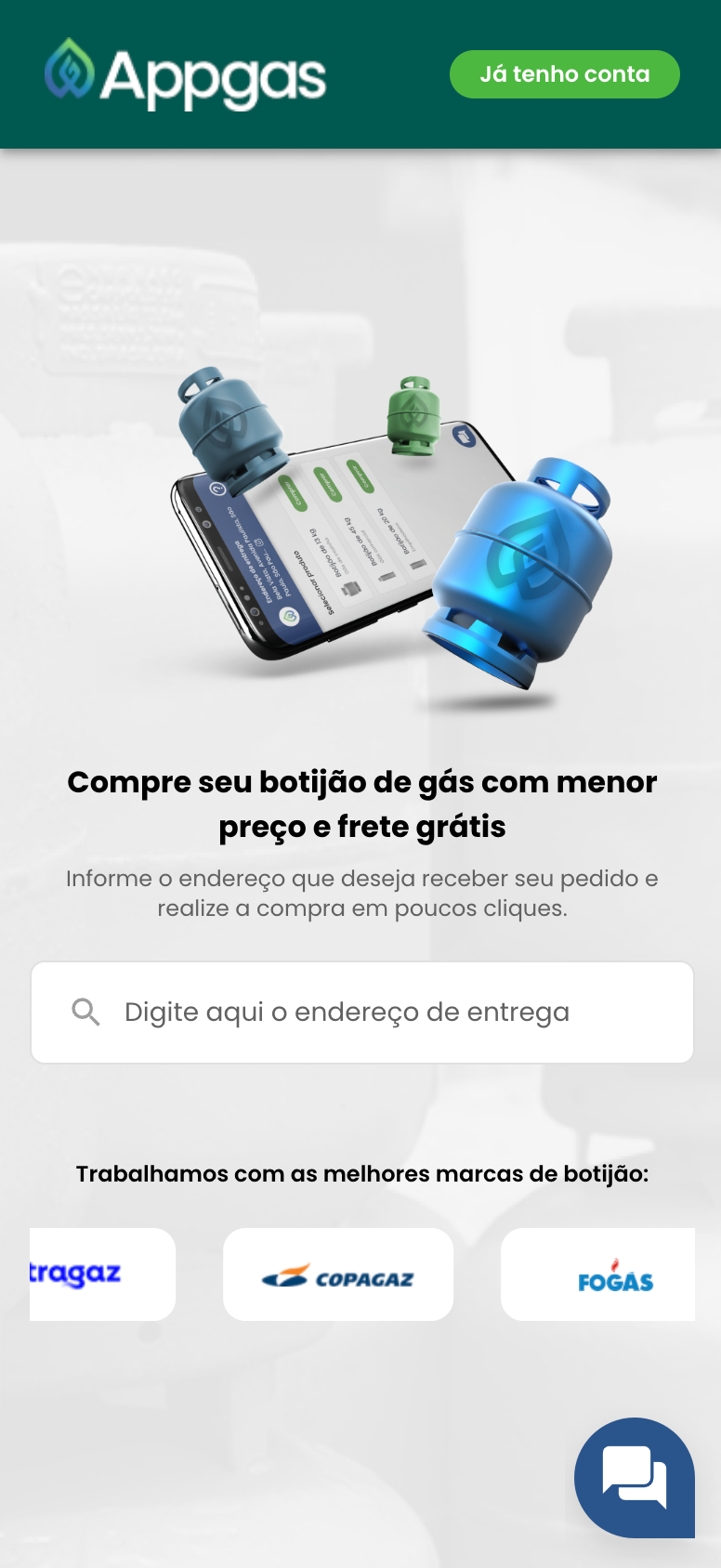 Site do Appgas para pedidos de botijões de gás, com opção de selecionar o endereço