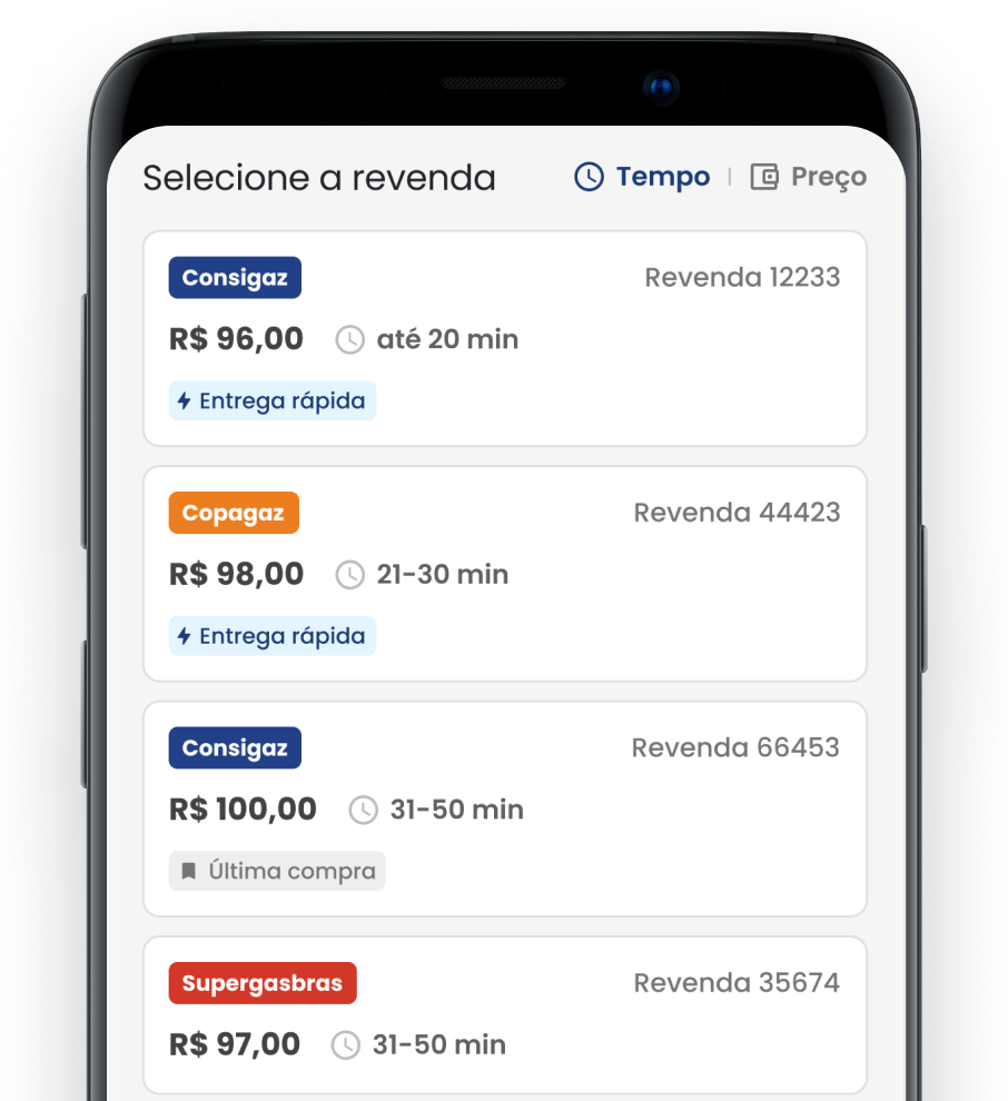 Celular com tela de seleção de revendas exibindo diversos preços, filtrados por tempo de entrega.