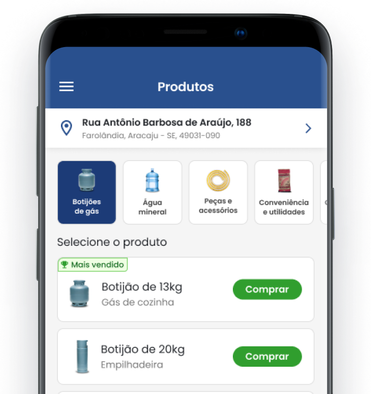 Celular exibindo a tela de seleção de produtos: botijão de 13 kg e botijão de 20 kg.