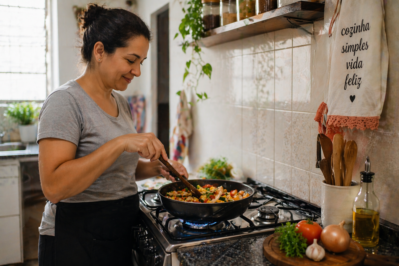 Mulher cozinhando em uma cozinha que tem uma pia e prateleiras preparando uma refeição em um fogão a gás